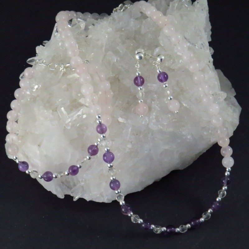 Conjunto cuarzo rosa, amatista, cuarzo cristal de roca y plata Conjunto cuarzo rosa, amatista, cuarzo cristal de roca y plata